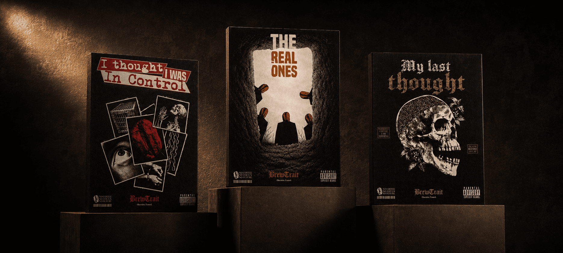 Three BREWTRAIT canvas artworks staged in a dark interior